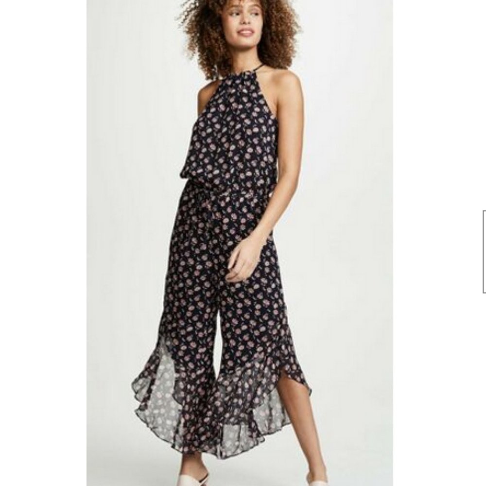 Joie Jael Black Floral Chiffon Cropped Halter Jumpsuit